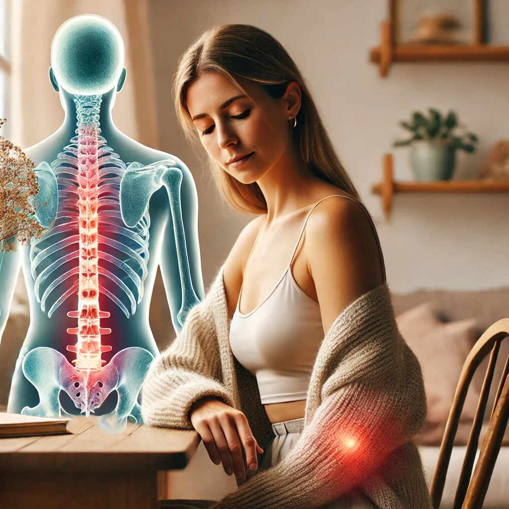 Image apaisante d’une femme d’une quarantaine d’années, assise à son bureau avec une expression sereine. Un subtil overlay de colonne vertébrale avec des points de tension s’estompant illustre le soulagement des douleurs dorsales grâce à la somatopathie. L’ambiance est chaleureuse avec des tons pastel et une lumière douce, créant une atmosphère de confort et de bien-être