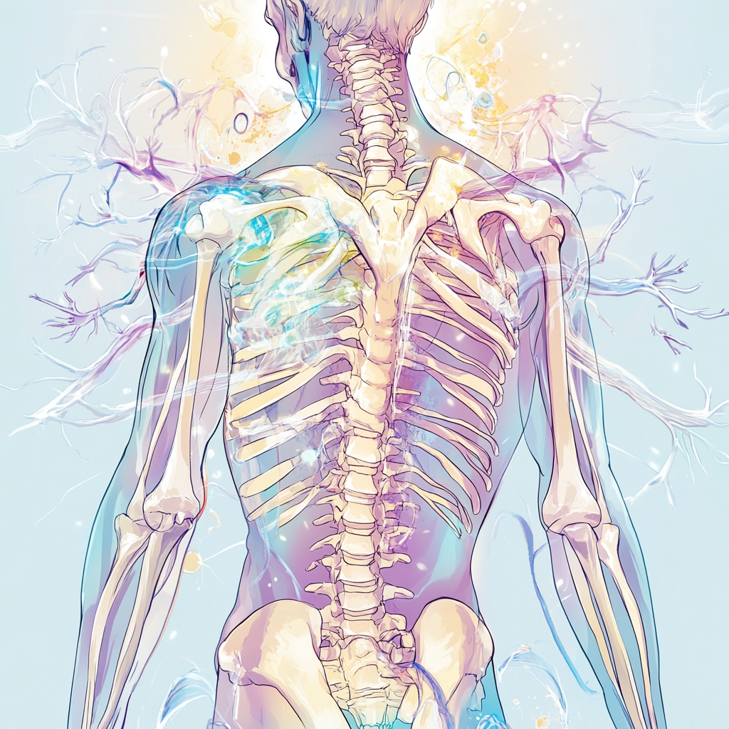 Illustration détaillée d’un corps humain mettant en évidence les points de tension liés au stress dans le dos. Le corps est semi-transparent, révélant les connexions musculaires et nerveuses. L’image utilise des tons pastel et un fond apaisant pour évoquer une atmosphère thérapeutique. Les zones cervicales et lombaires sont particulièrement mises en avant, illustrant la transition entre tension et soulagement.