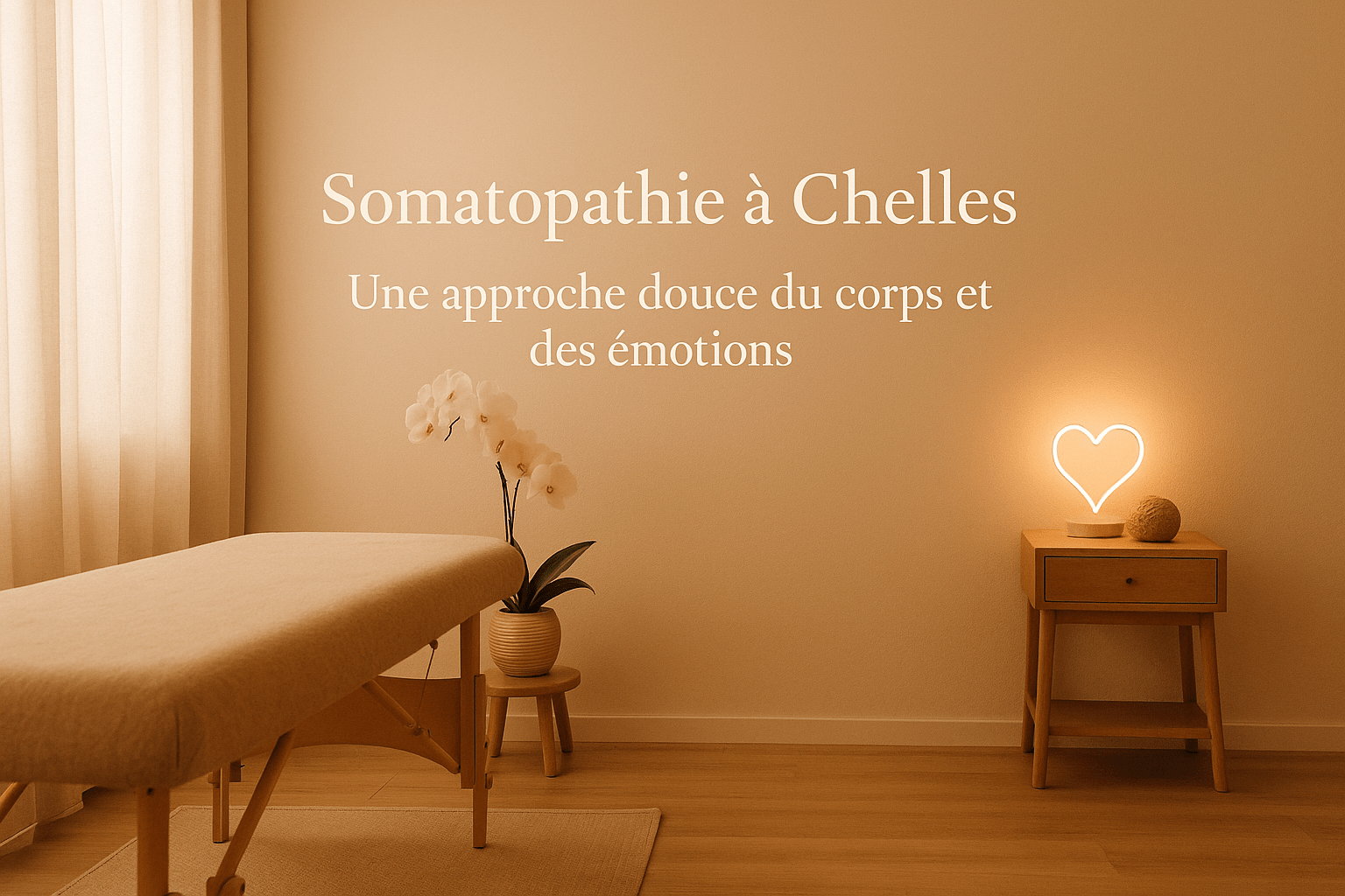 Cabinet de somatopathie à Chelles avec table de soin, orchidée blanche et lumière douce, évoquant une approche émotionnelle et naturelle du soin.