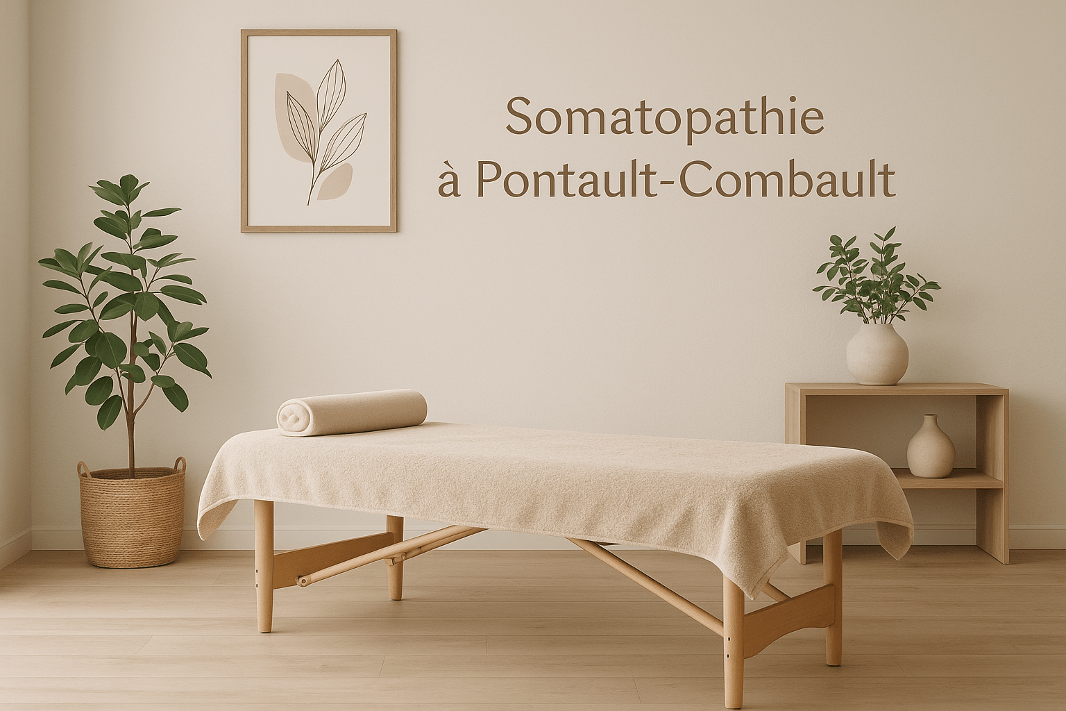 Salle de somatopathie à Pontault-Combault avec table de soin en bois clair, plantes vertes et ambiance apaisante.