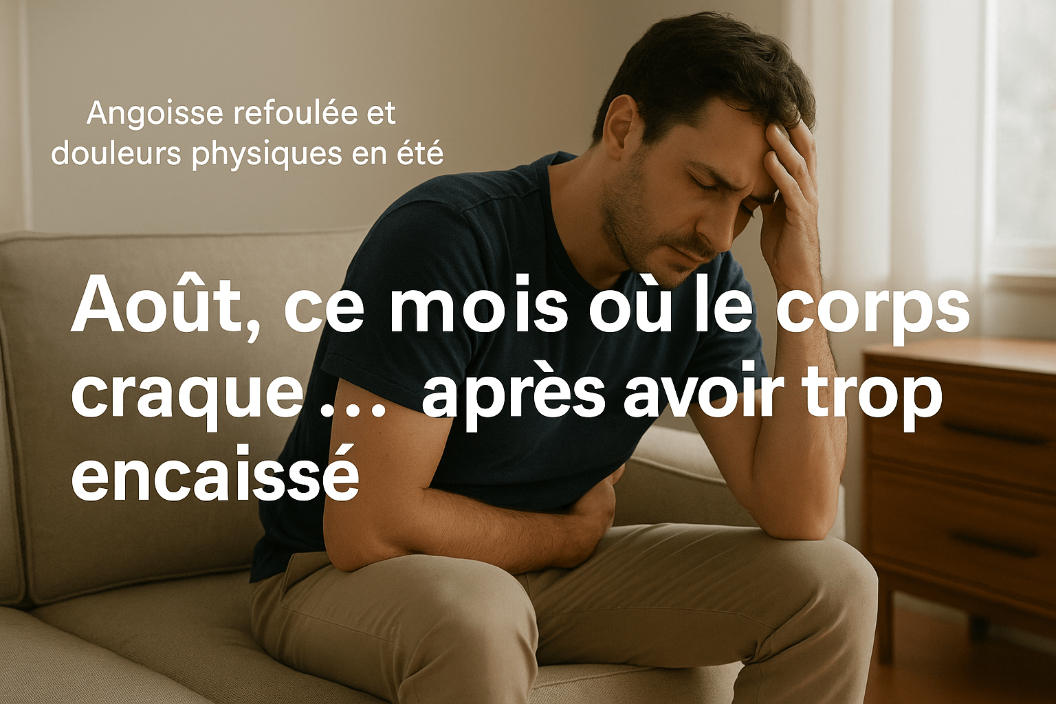 Homme assis sur un canapé, visiblement stressé et fatigué, tenant sa tête et son ventre, avec une expression de douleur. Texte superposé : "Août, ce mois où le corps craque… après avoir trop encaissé".