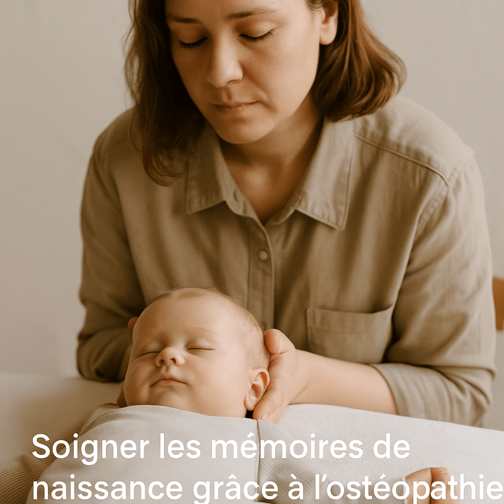 Praticien de somatopathie posant ses mains sur la tête et le thorax d’une patiente adulte, pour libérer les mémoires émotionnelles et rétablir l’équilibre physique.