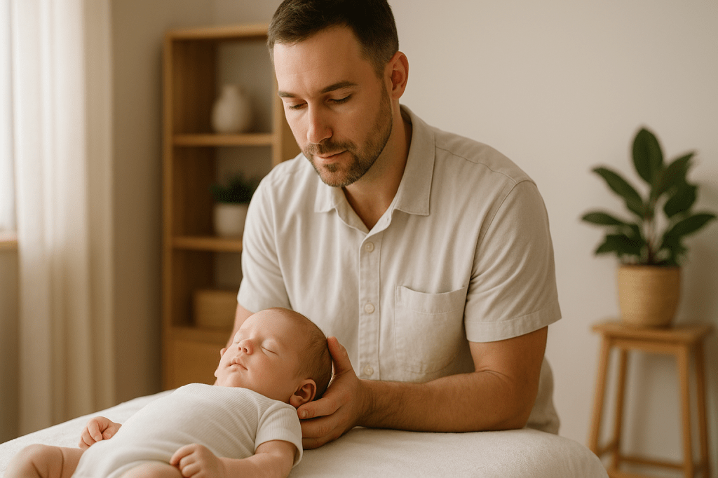 Ostéopathe tenant délicatement la tête d’un nourrisson pendant une séance d’ostéopathie douce, pour libérer les mémoires de naissance et apaiser les tensions corporelles.