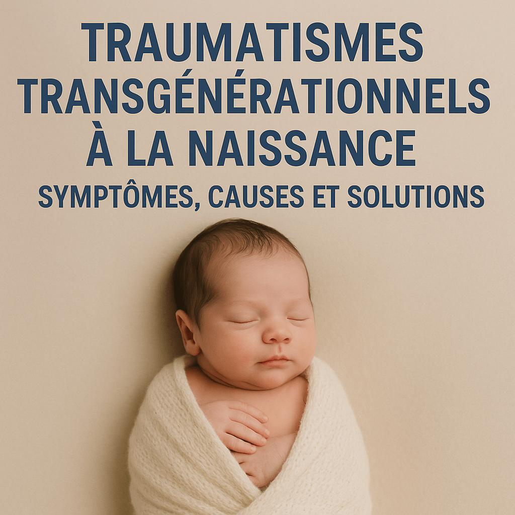 Nouveau-né paisible emmailloté dans une couverture crème, illustrant un article sur les traumatismes transgénérationnels à la naissance, leurs symptômes, causes et solutions en somatopathie.