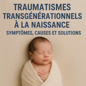Nouveau-né paisible emmailloté dans une couverture crème, illustrant un article sur les traumatismes transgénérationnels à la naissance, leurs symptômes, causes et solutions en somatopathie.